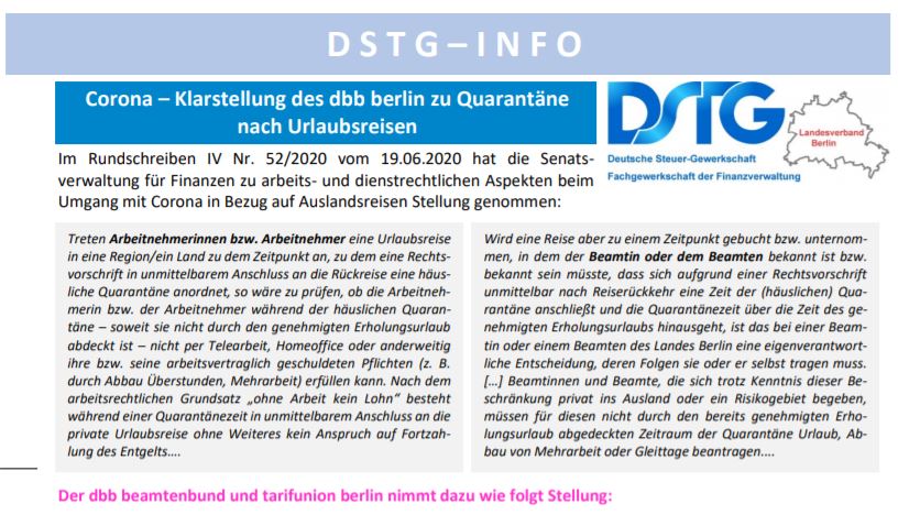 Mehr über den Artikel erfahren Corona – Klarstellung des dbb berlin zu Quarantäne nach Urlaubsreisen