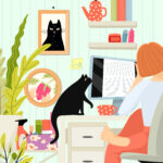 Woman freelancer work from home sitting barefoot at home office, work remotely, study internet. Homy detailed interior design, black cat sit on desk with computer screen. Vector flat cartoon.